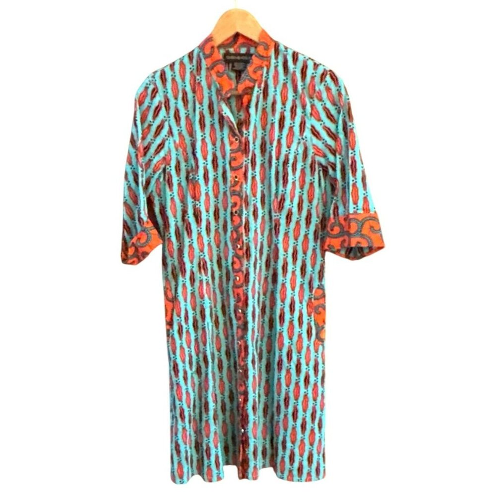 Queen Adeline Women's Blue Red Orange Bold Geometric Print Shirt Dress Large